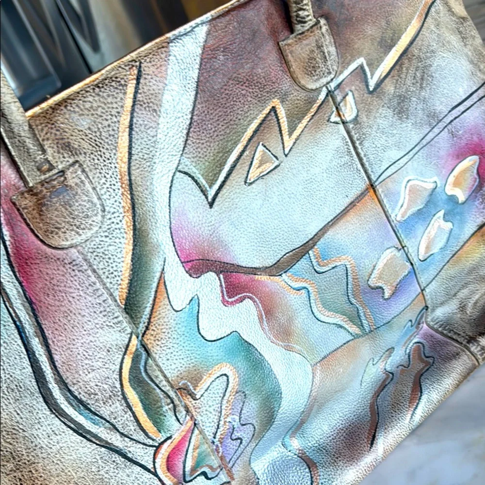 80’s RARE RETRO Leather Hand Painted Tote Shoulder Bag - Picture 10 of 17